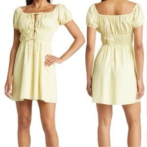 Wayf Sinclair ditzy floral off shoulder Yellow Puff Sleeve Dress linen xs